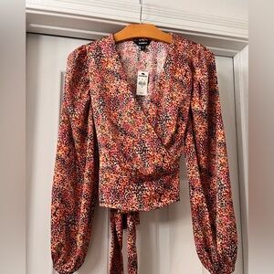 NWT Express Patterned Long Sleeve Wrap Blouse Silky Feel Sz XS